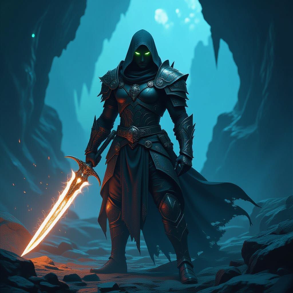 Drow Warrior in Ornate Armor with Glowing Sword in Underdark