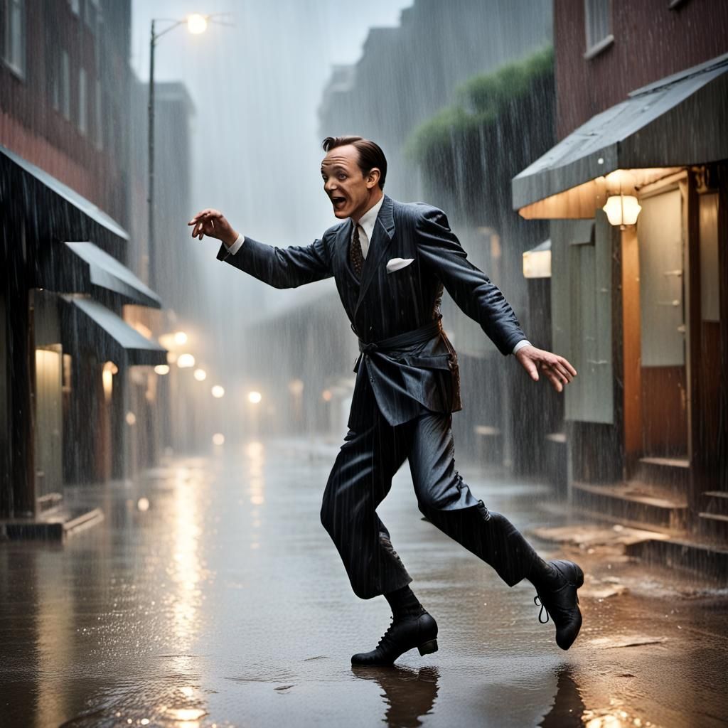 Gene Kelly singing and dancing in rain