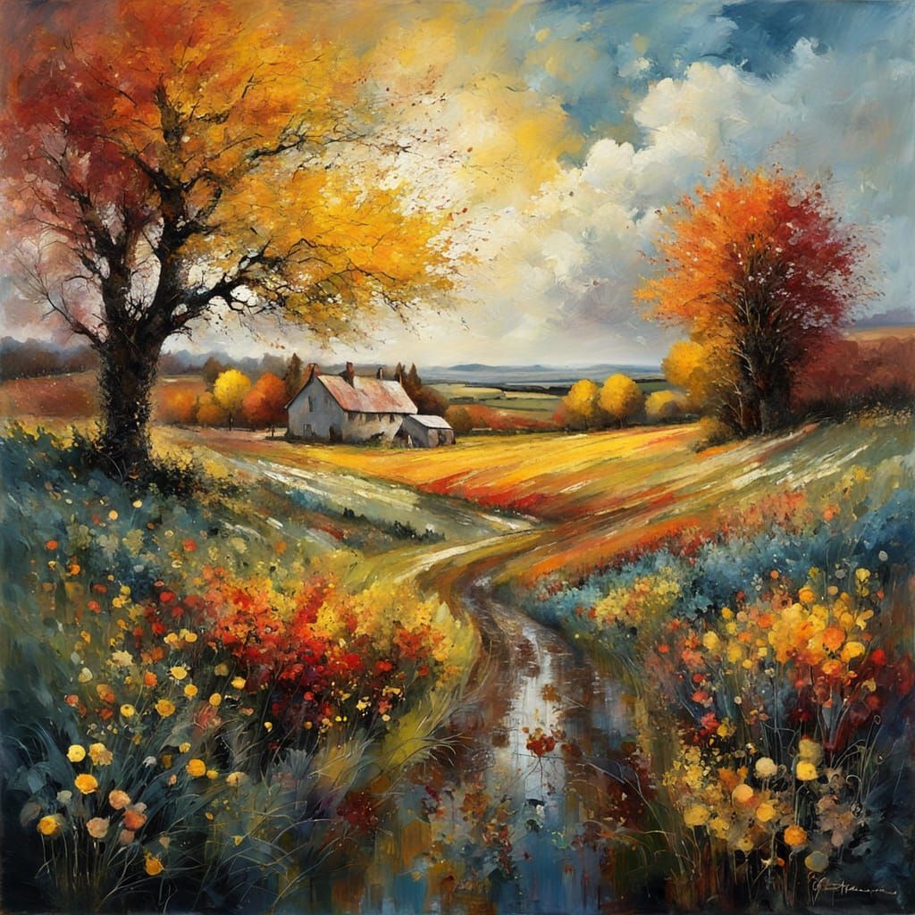 Vibrant Autumn Harvest Impasto Encaustic Painting