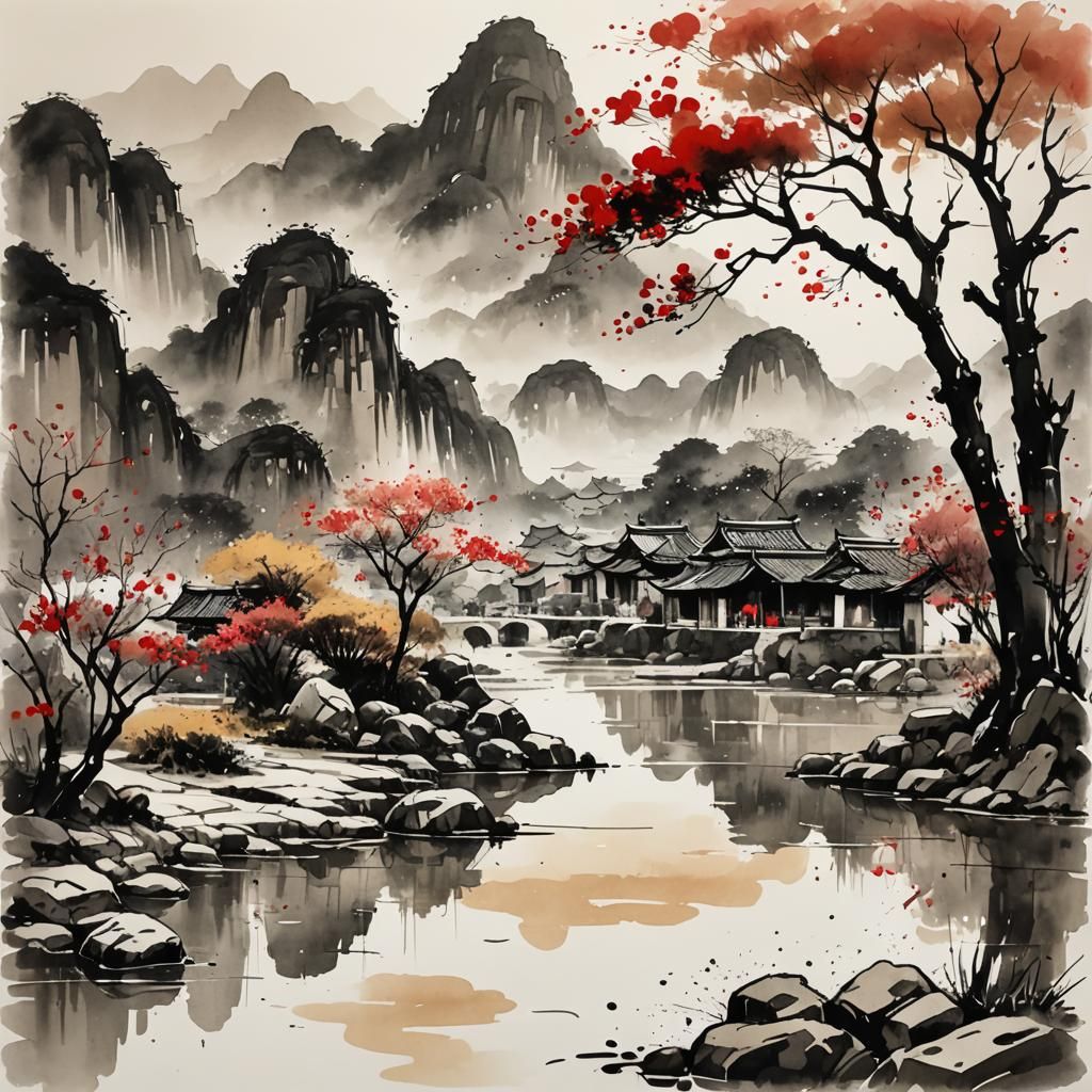 Sepia Ink Wash Landscape of Ninh Binh