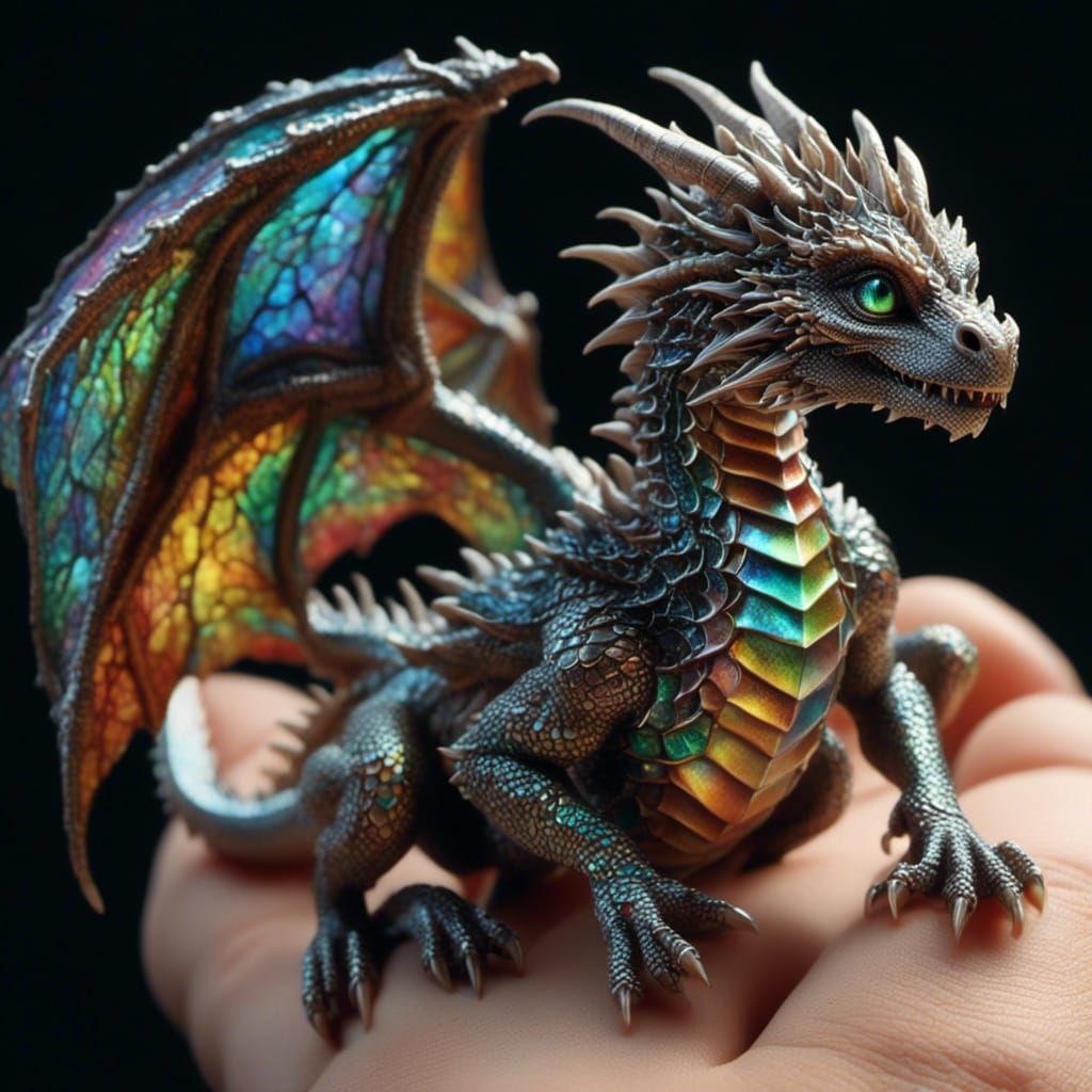 Microscopic Dragon Perched on a Thumb: Ultra-Realistic Image