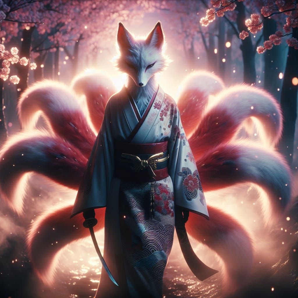 Mystical Kitsune Strolls through Cherry Blossom Forest
