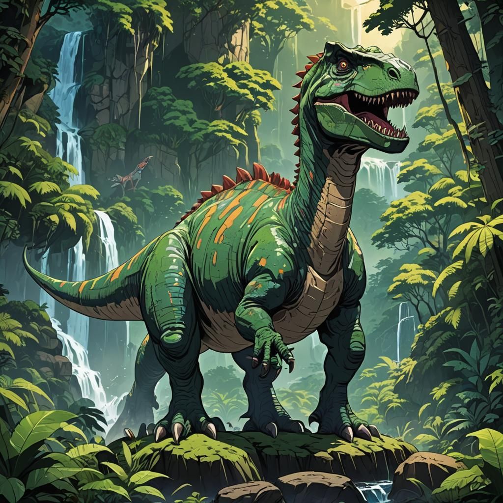 Dinosaur in Prehistoric Forest: Anime Illustration