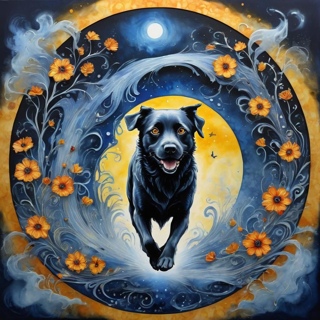 Ghost Dog Races to Portal in Watercolor