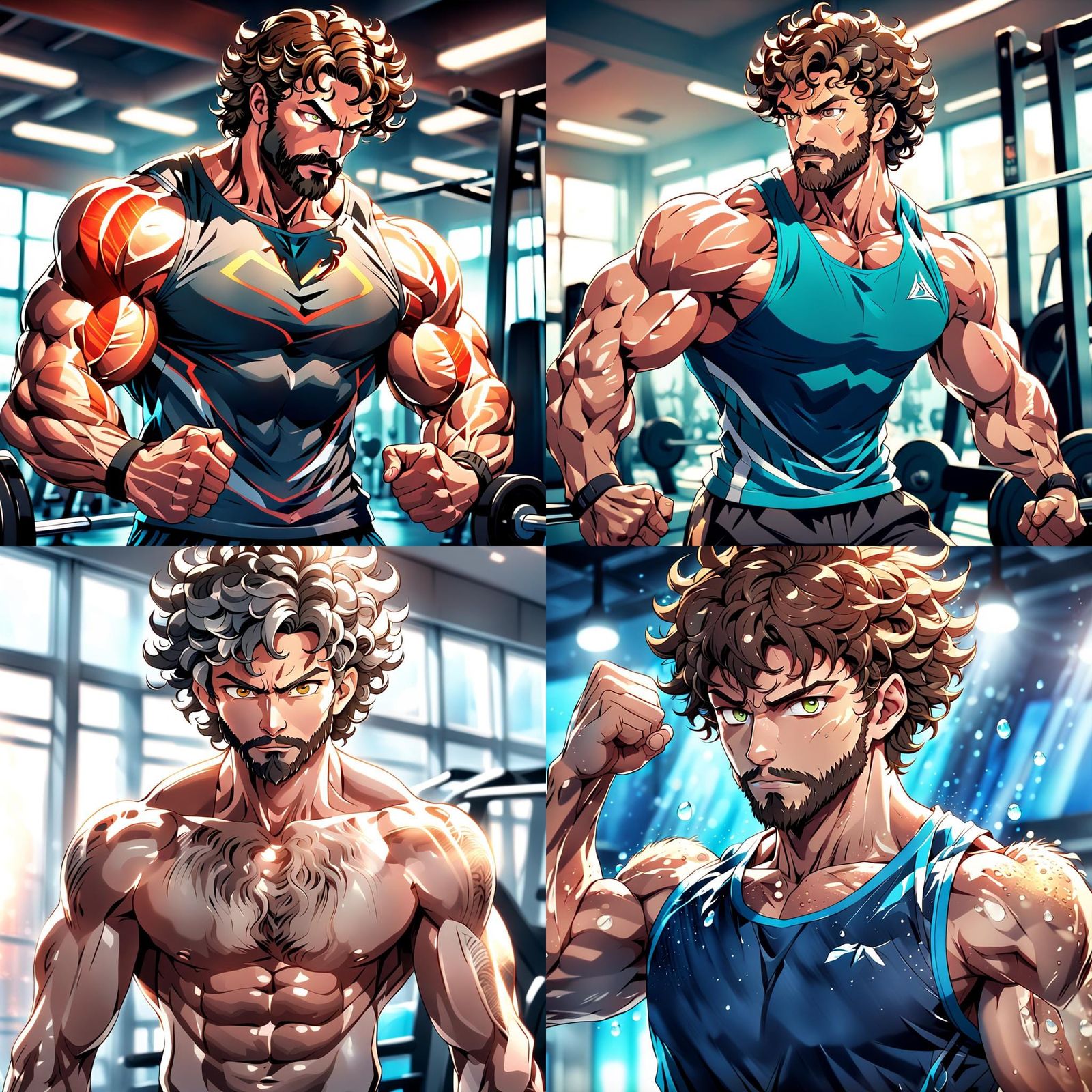 Anime Style Muscular Man Flexing at the Gym
