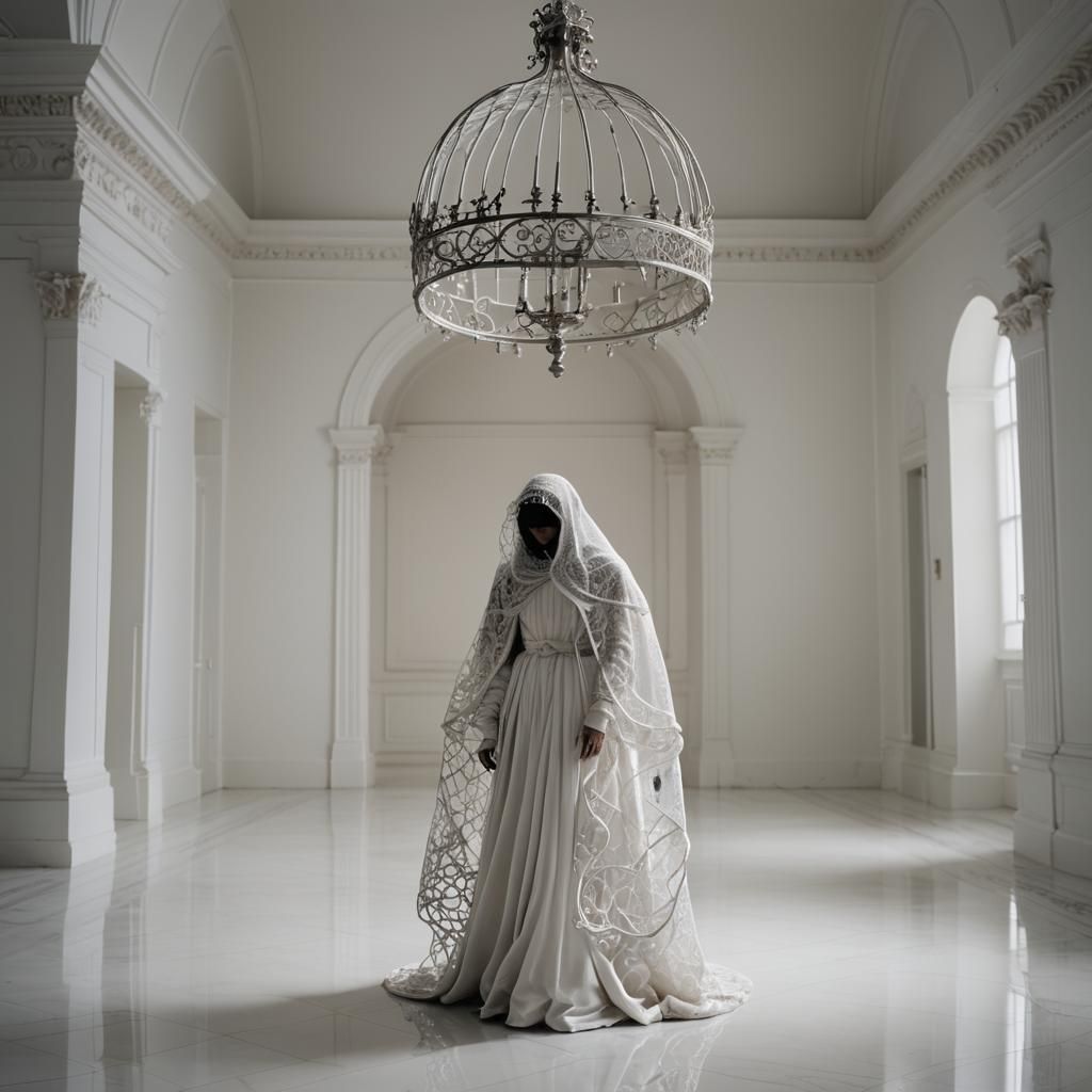 Contemplative Sculpture of Veiled Figure with Birdcage