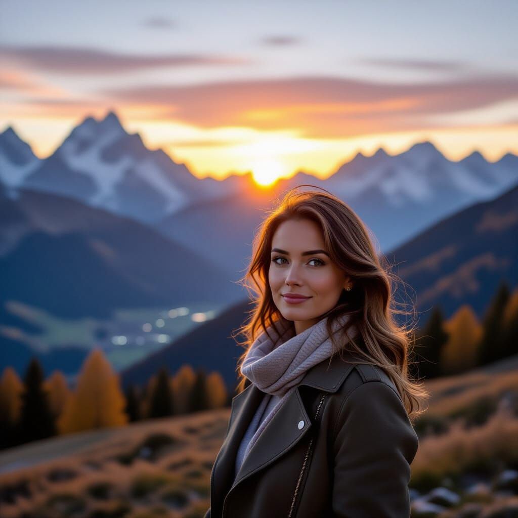 Woman Enjoys Swiss Alps Sunset with Positive Vibes