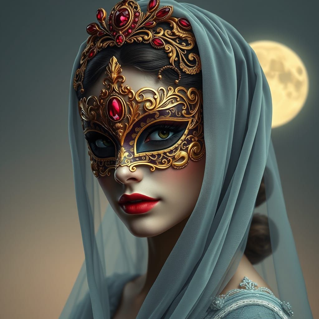Regal Young Woman in Luxurious Venetian Mask and Tiara