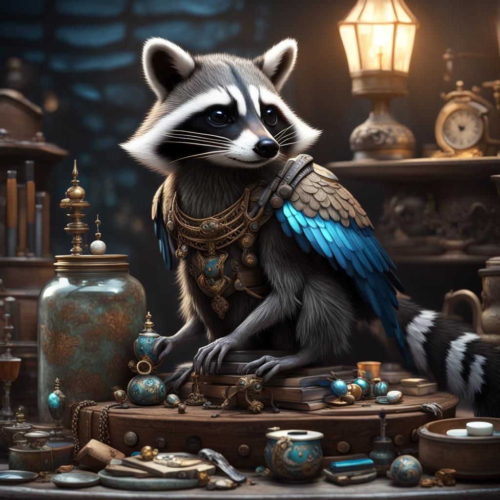 Raccoon-Magpie Hybrid Merchant on Treasure Pile