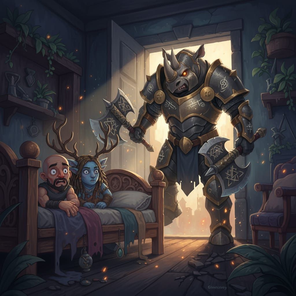 Whimsical Fantasy: Rhino Paladin at the Door