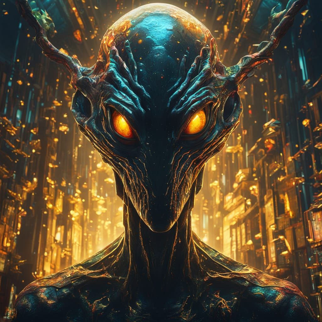 Eerie Alien in Dark Room, Surreal Oil Painting