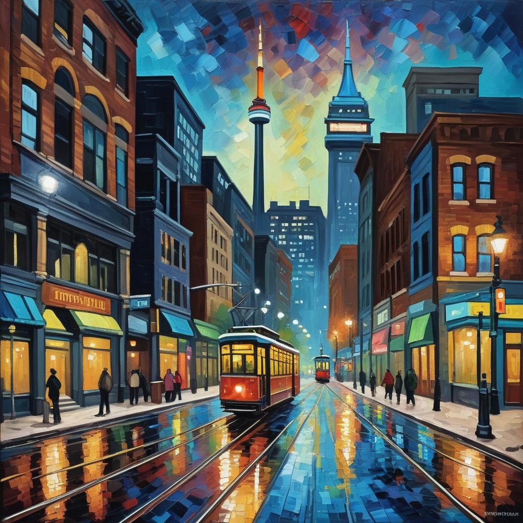 Toronto Nocturne: Expressionist Oil Painting of King Street