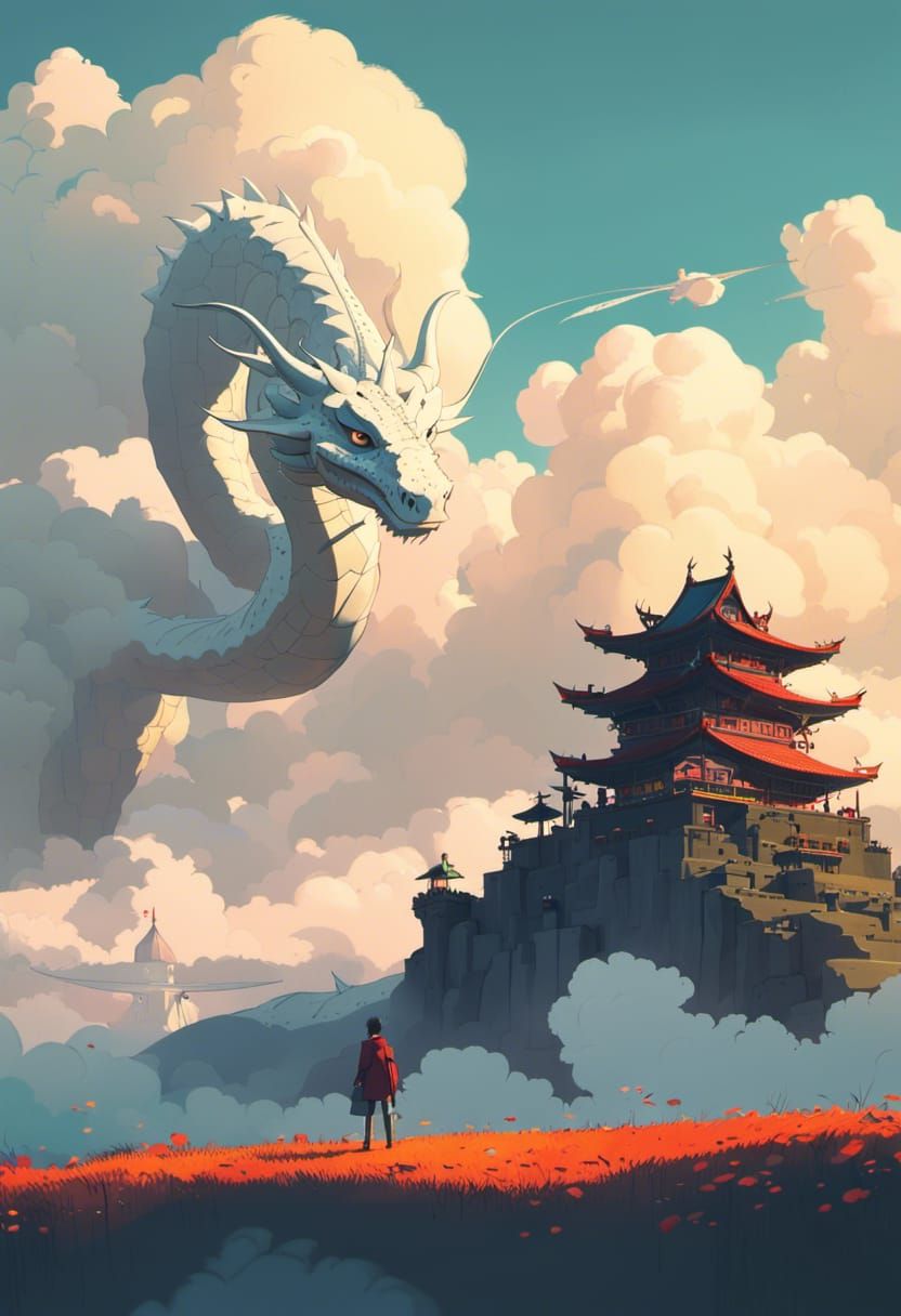 Cloud Dragon Soaring Above Shrine: Digital Illustration