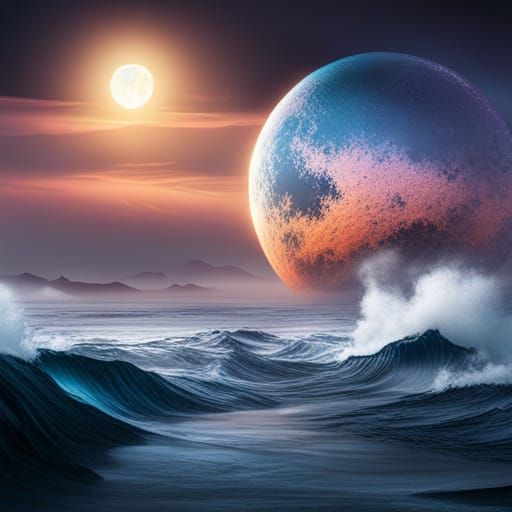 Fantastical Tsunami Moon in Detailed Matte Painting