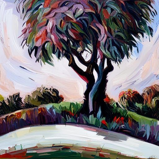 Crooked Willow Tree in Expressionist Oil Painting Style