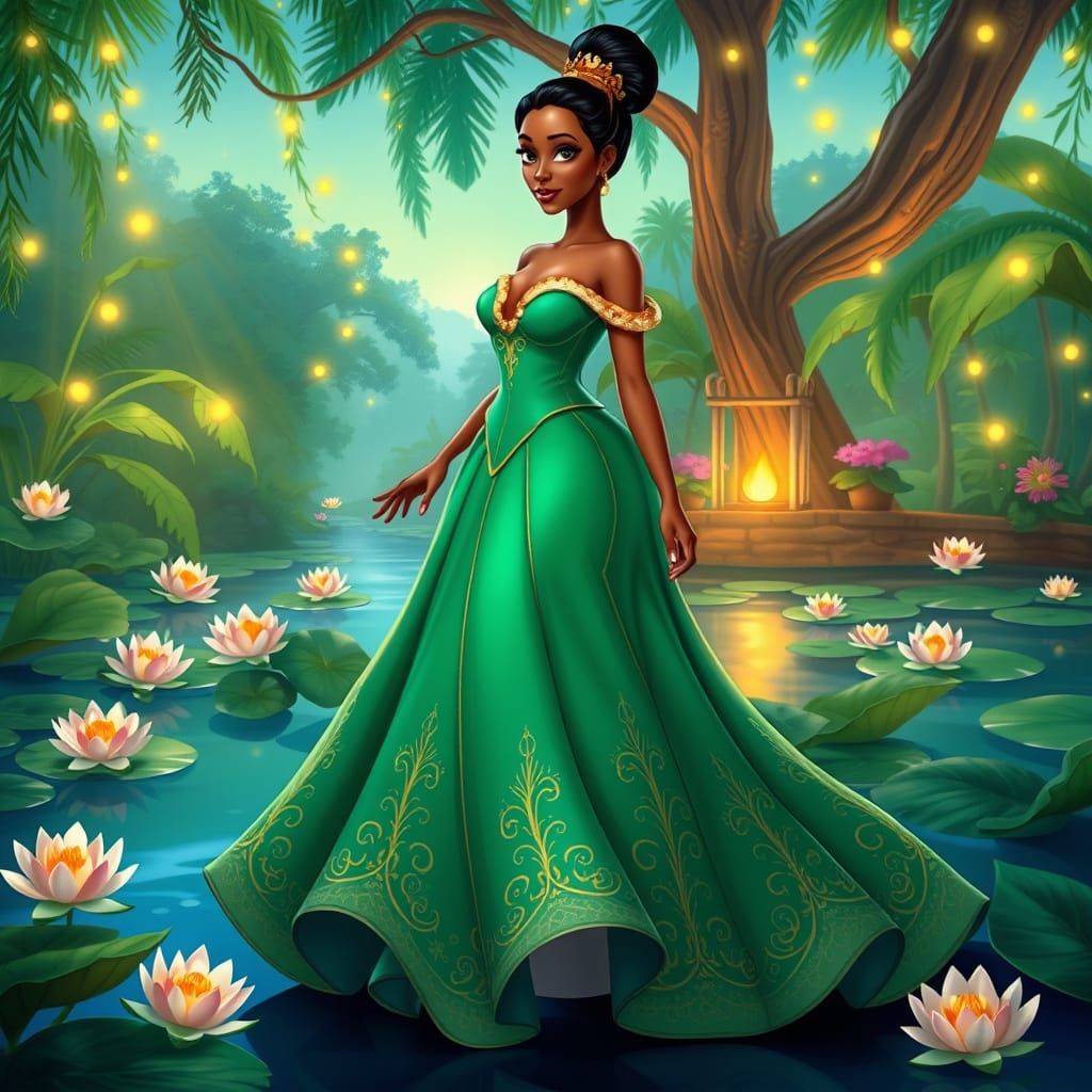 Elegant Princess Tiana in a Lush Bayou Landscape