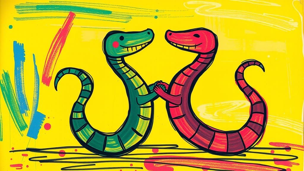 Joyful Snakes Dance in Vibrant, Textured Crayon Style