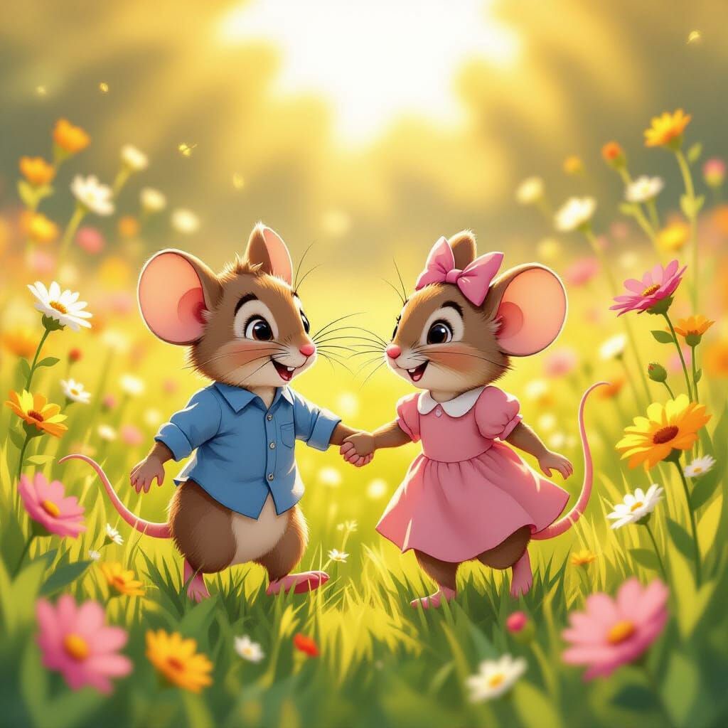 Adorable Mice Friends in Sunny Field, Comic Style