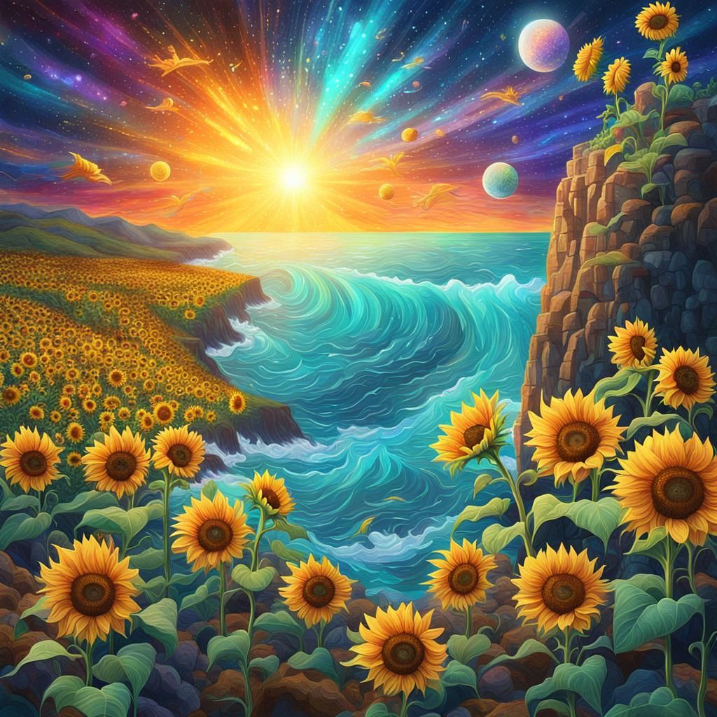 Cosmic Sunflowers Overlooking a Wild Sea