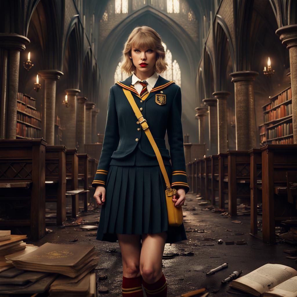 Taylor swift as a student in a ramshackle library
