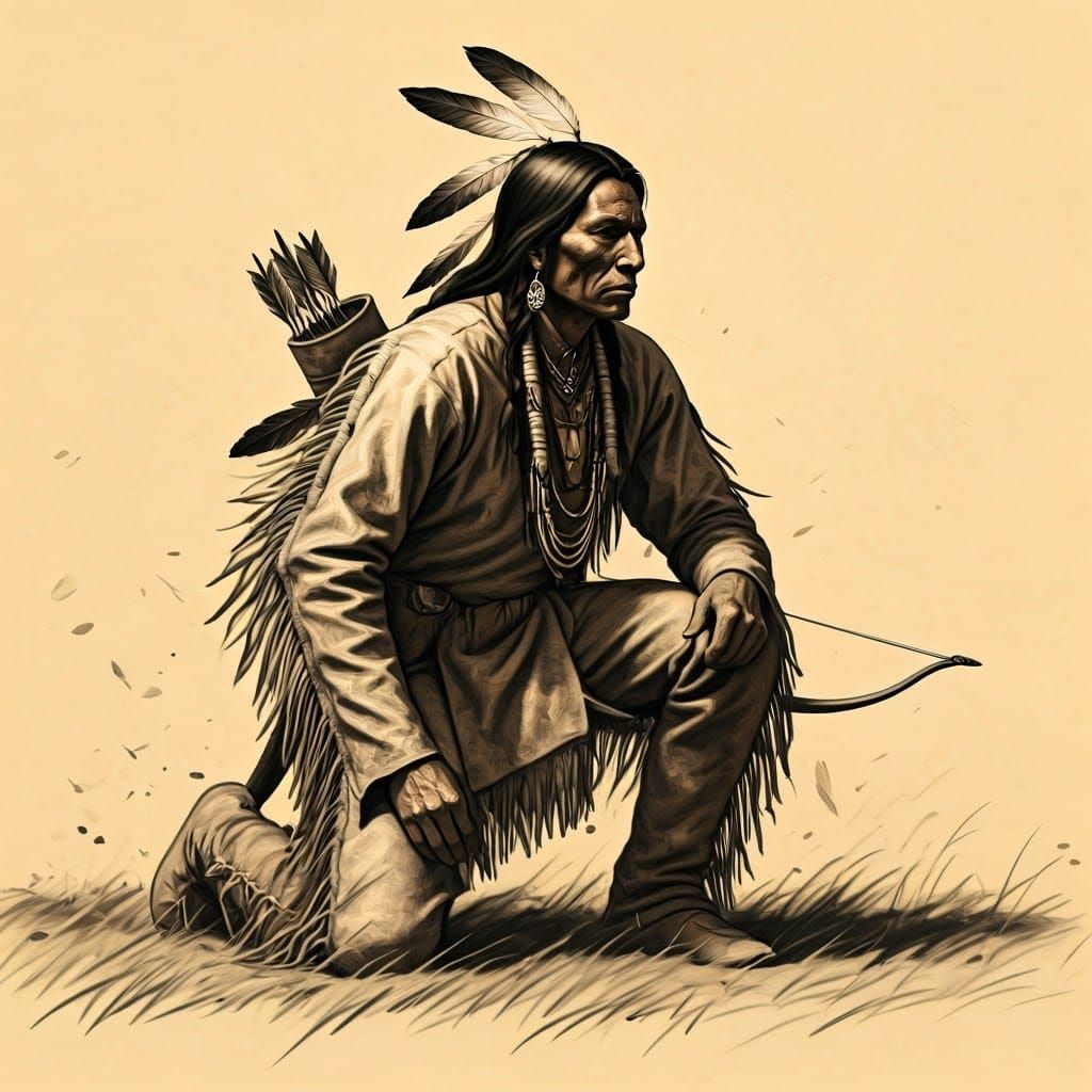 Apache Hunter Stalks Prey: A Charcoal Drawing