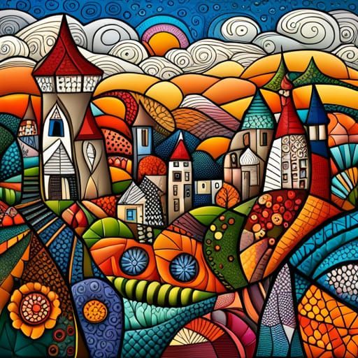 Geometric Cubist Fairy Village in Autumn Colors