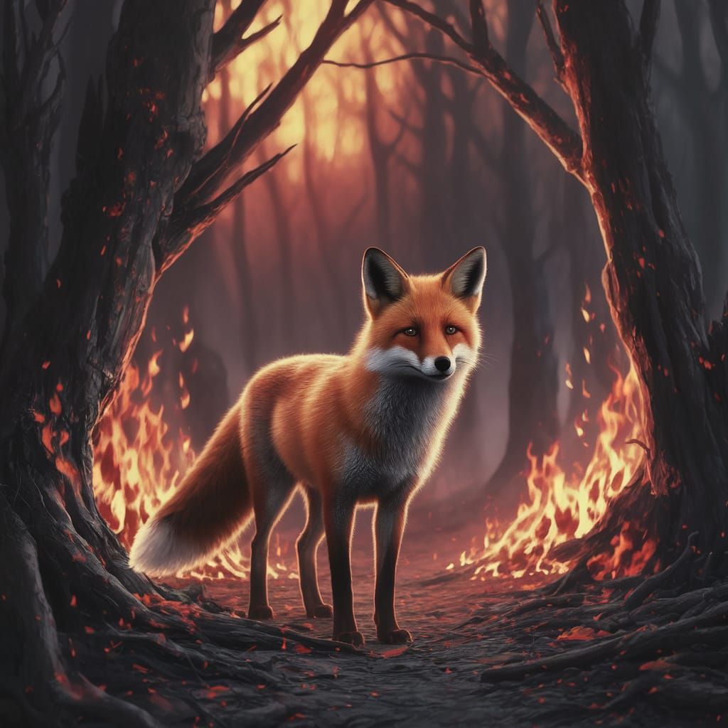 Ethereal Sunset Fox Amidst Burning Forest