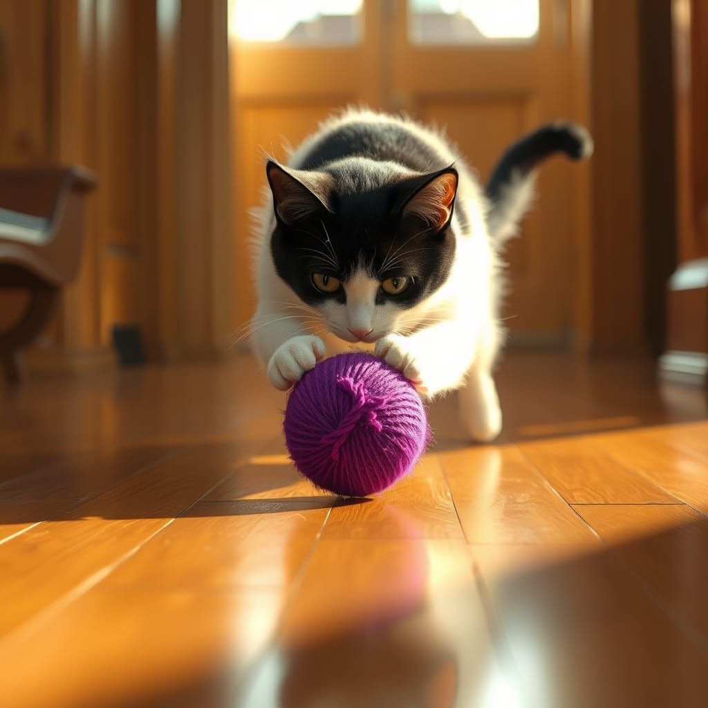 Cat Pouncing on Purple Ball in Dreamy Digital Art