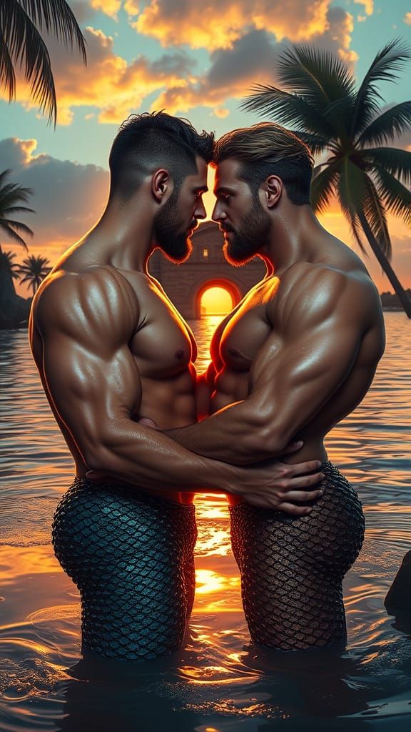 Mermen's Tender Embrace: A Digital Painting