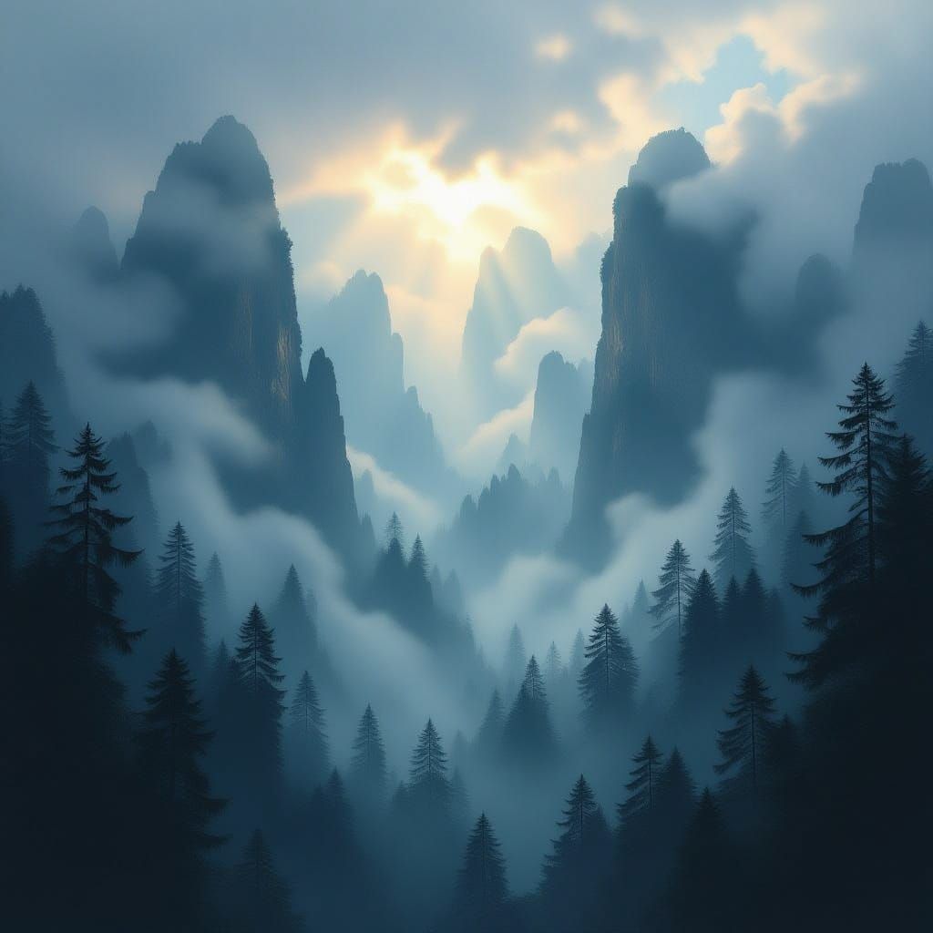 Surreal Fog Forest Landscape with Ethereal Rays