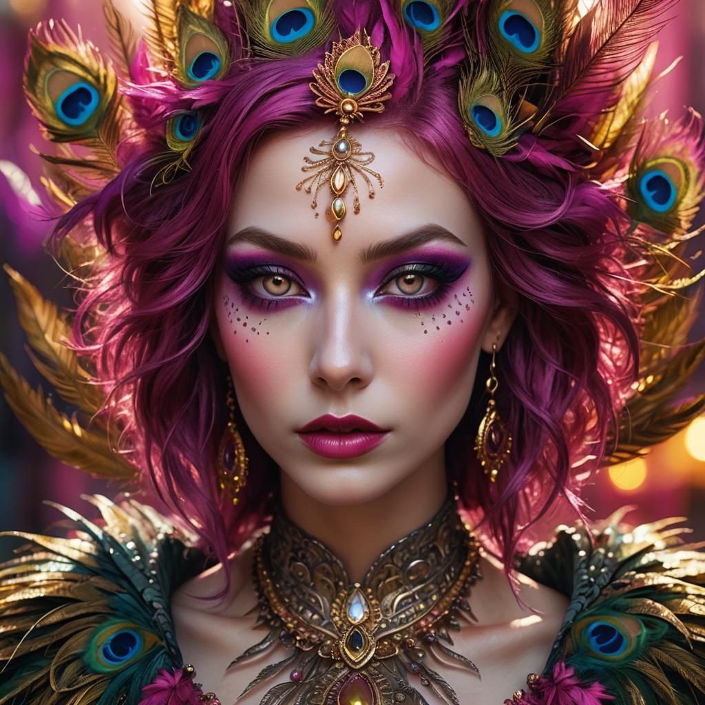 Peacock Haired Woman: Vibrant Fantasy Portrait