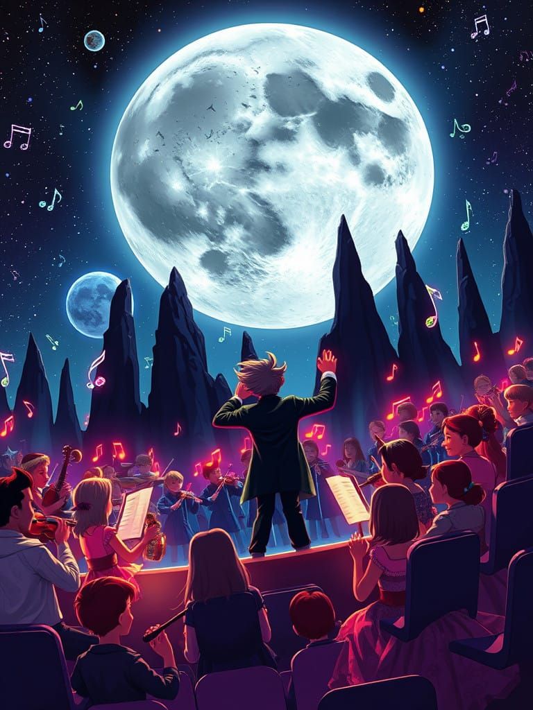 Fantastical Children's Orchestra Under Shimmering Moonlit Sk...