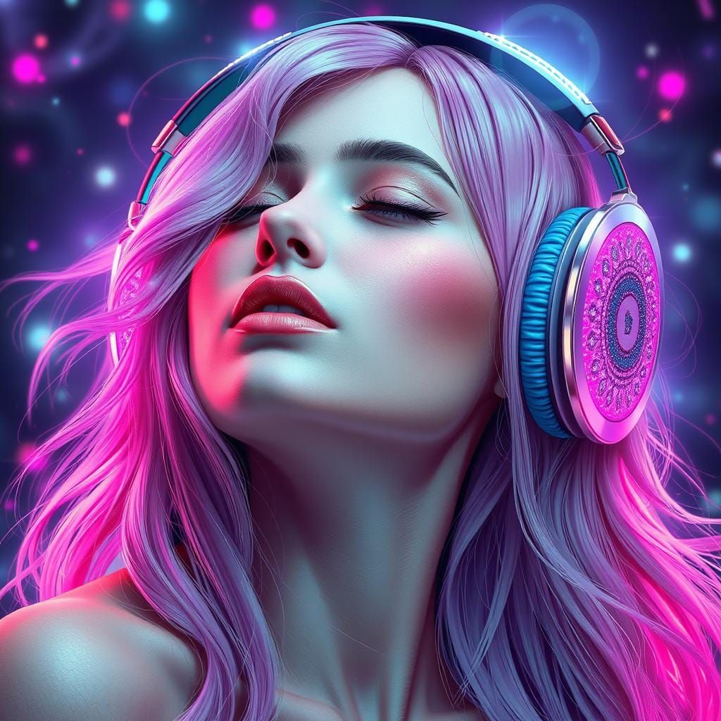 Ethereal Pink-Haired Woman Listening to Music