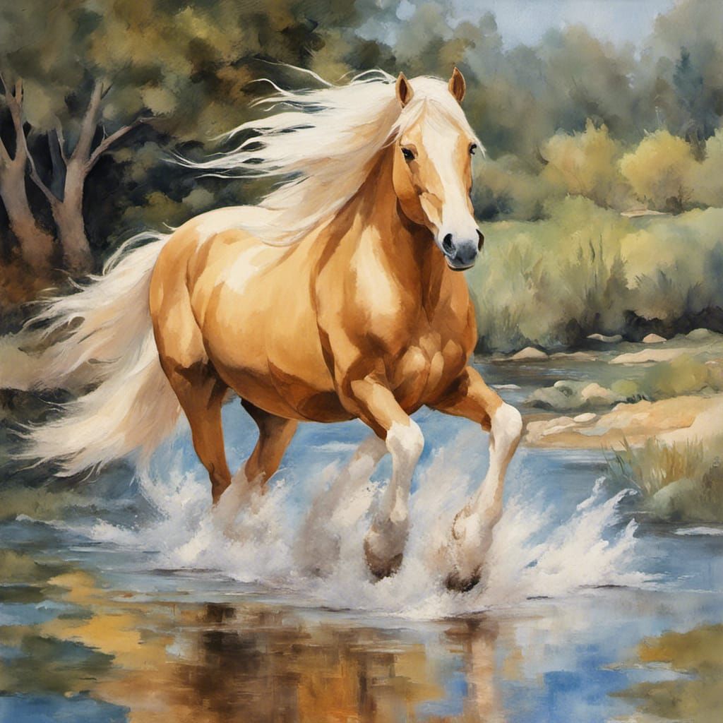 Palomino Stallion Running: Gouache Impressionist Painting