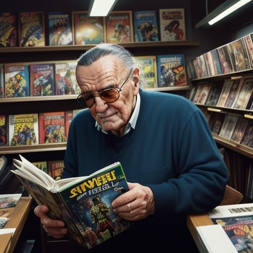 Stan Lee holding a Hulk comic book Cinematic film still, shot on v-raptor XL, film grain, vignette, color graded, post-p...