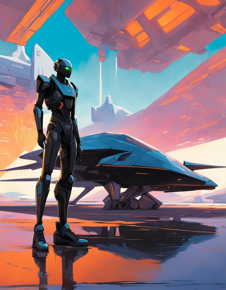 Cyberpunk Robot and Futuristic Jet