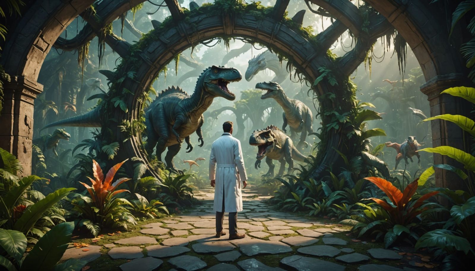 Scientist Meets Dinosaur Portal in Detailed Matte Painting