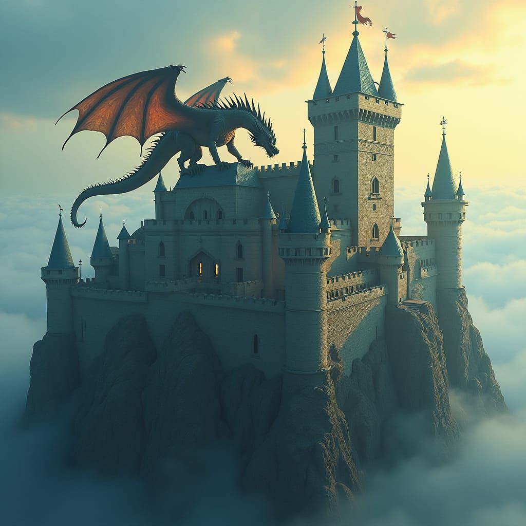 Dragon Perched Atop Medieval Castle in Matte Painting Style