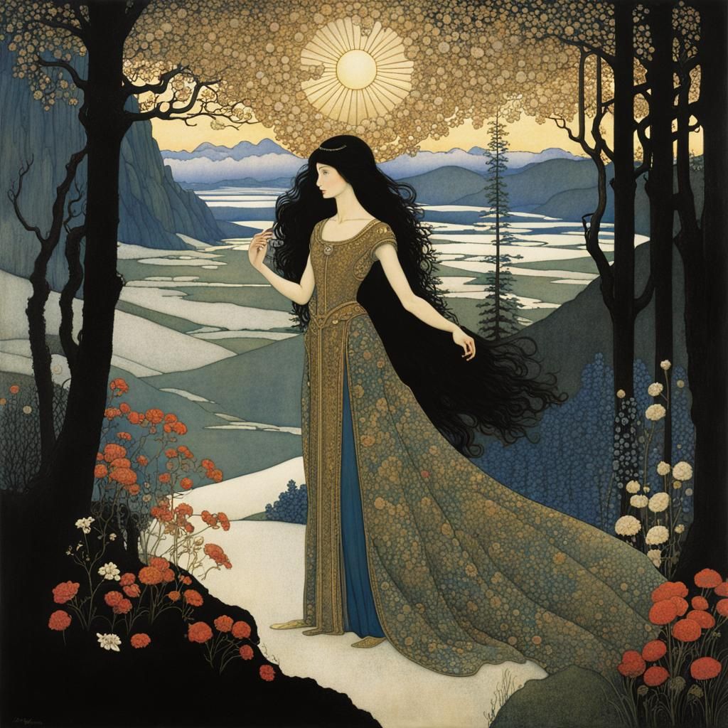 Fairytale Woman with Stag Antlers in Alpine Meadow