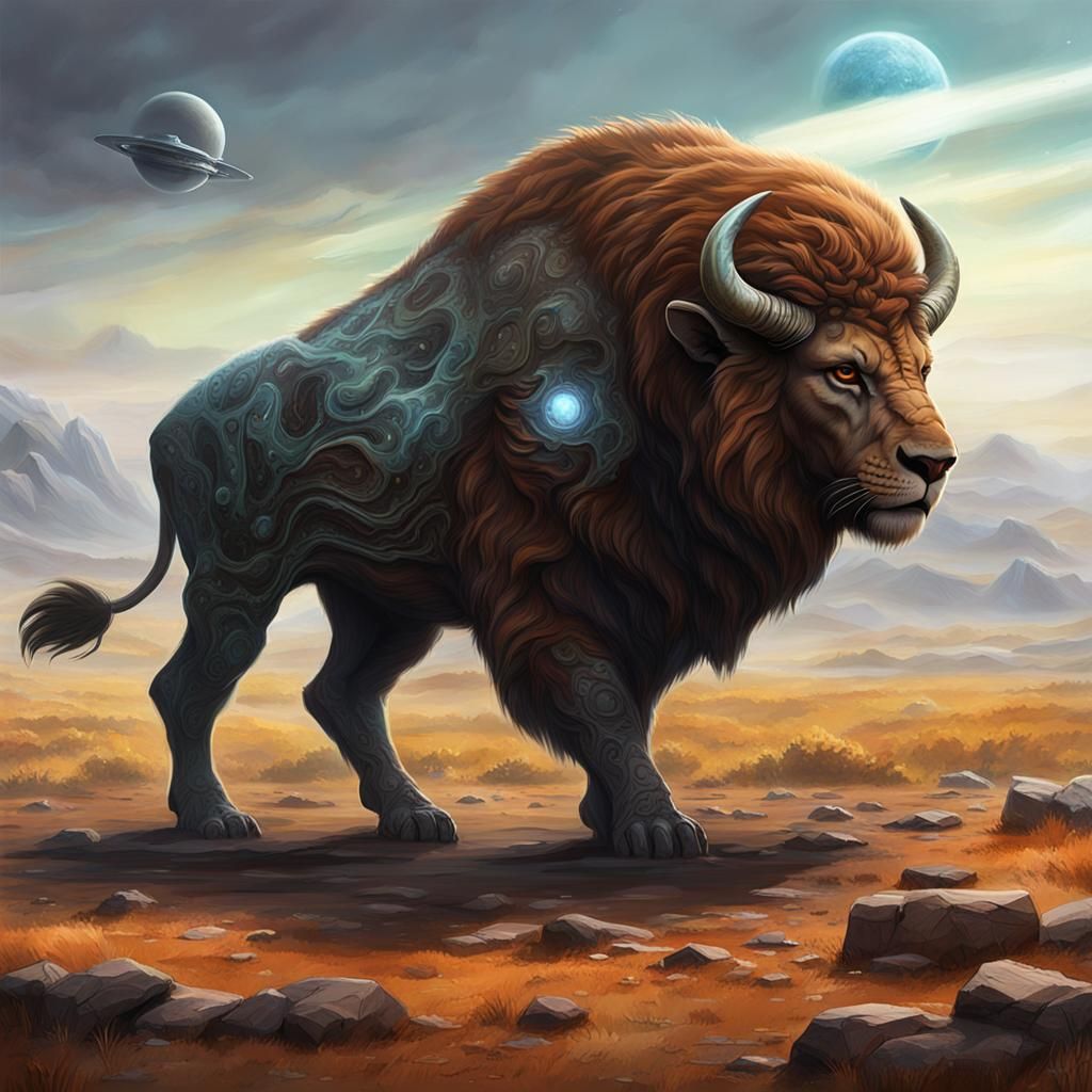 Bison-Lion Alien Lifeform on Exoplanet: Concept Art
