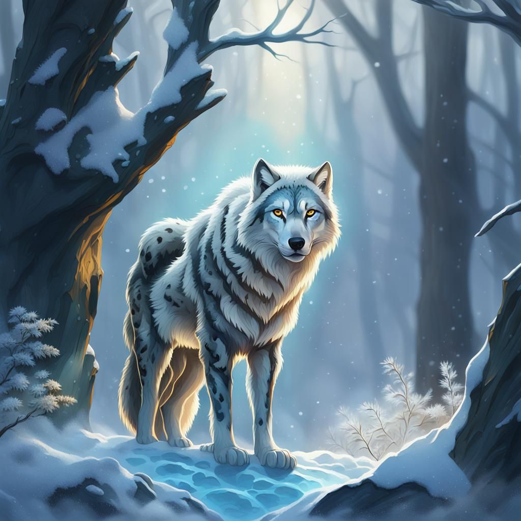 Wolf-Leopard Hybrid in Icy Forest: Digital Art