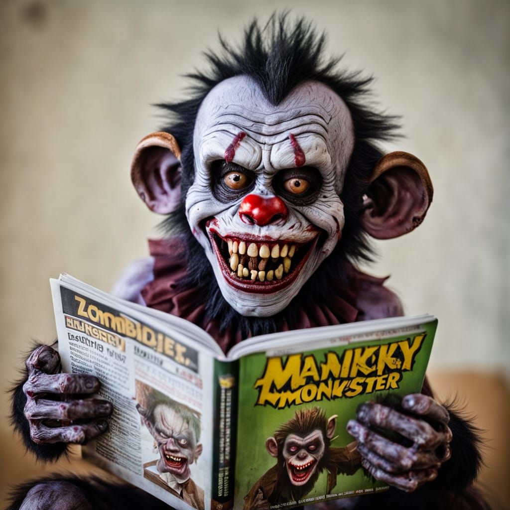Grinning Toddler Reads Zombie Magazine in Creepy Clown World