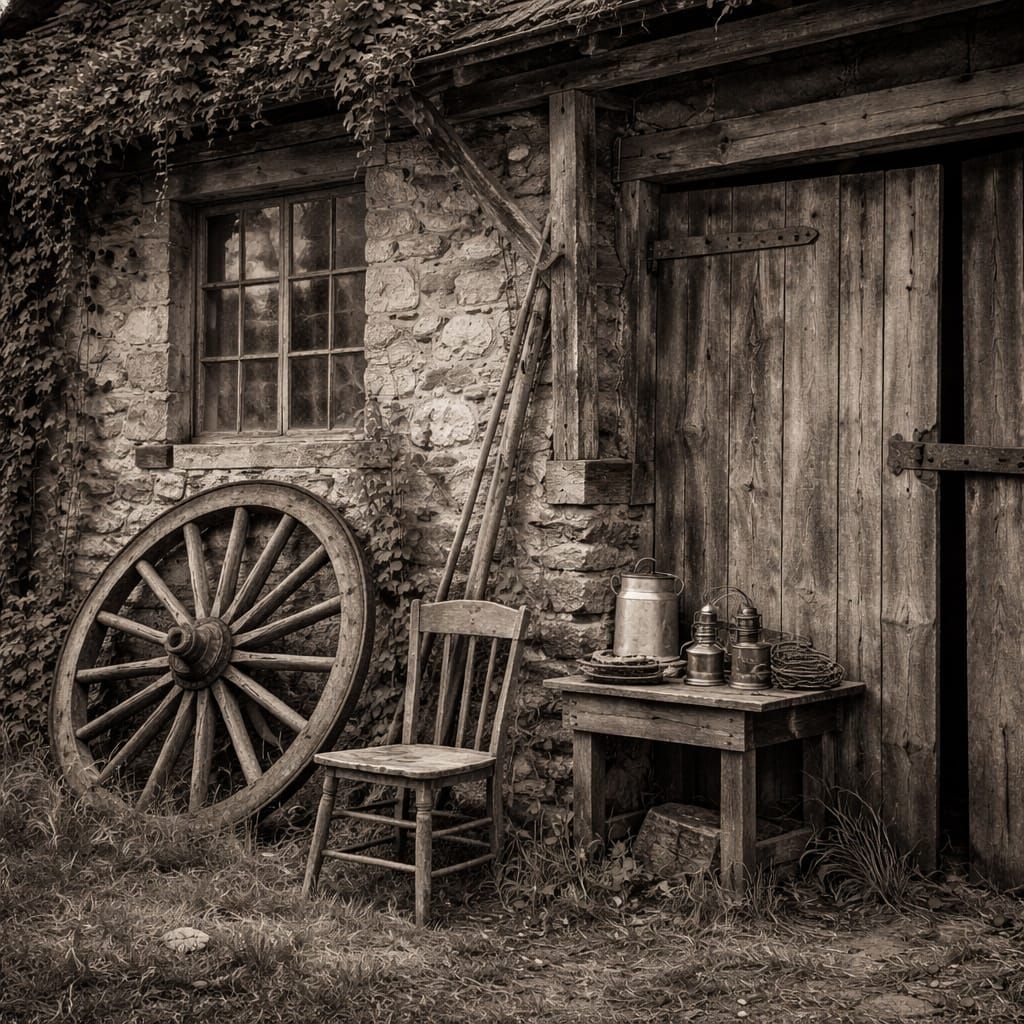 Vintage Barn Photo with Tractor Wheel and Farm Tools
