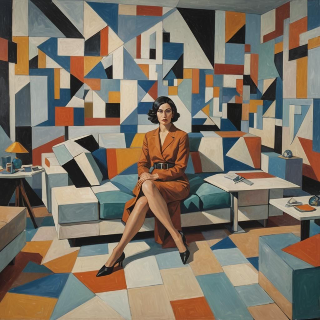 Woman on Geometric Couch in Cubist Apartment