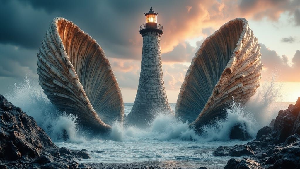 Colossal Clamshells and Lighthouse in Storm