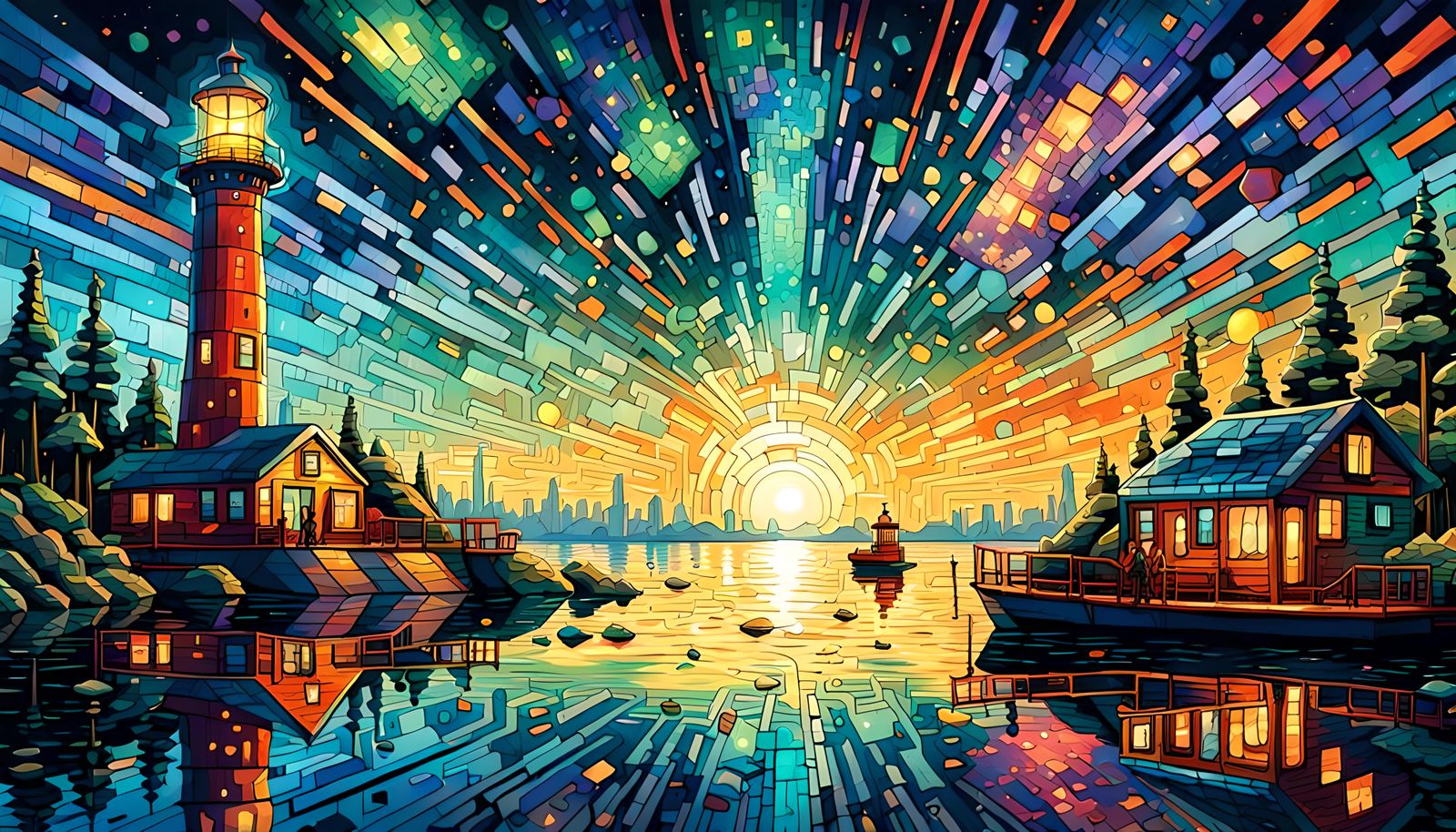 Cruise Ship Harbor Scene in Retro-Futuristic Style