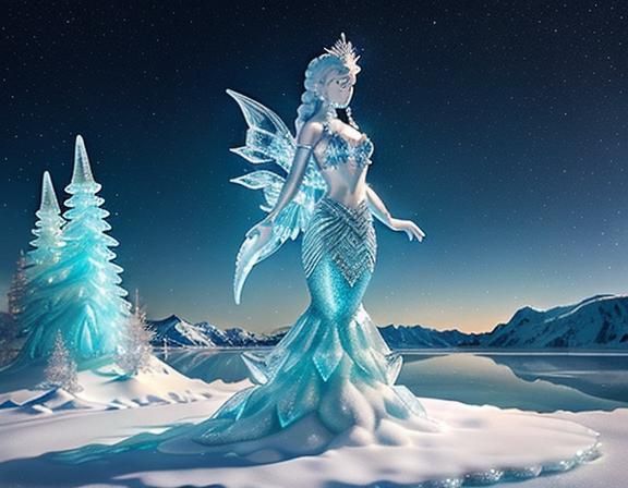 Ice Mermaid Sculpture on Frozen Lake