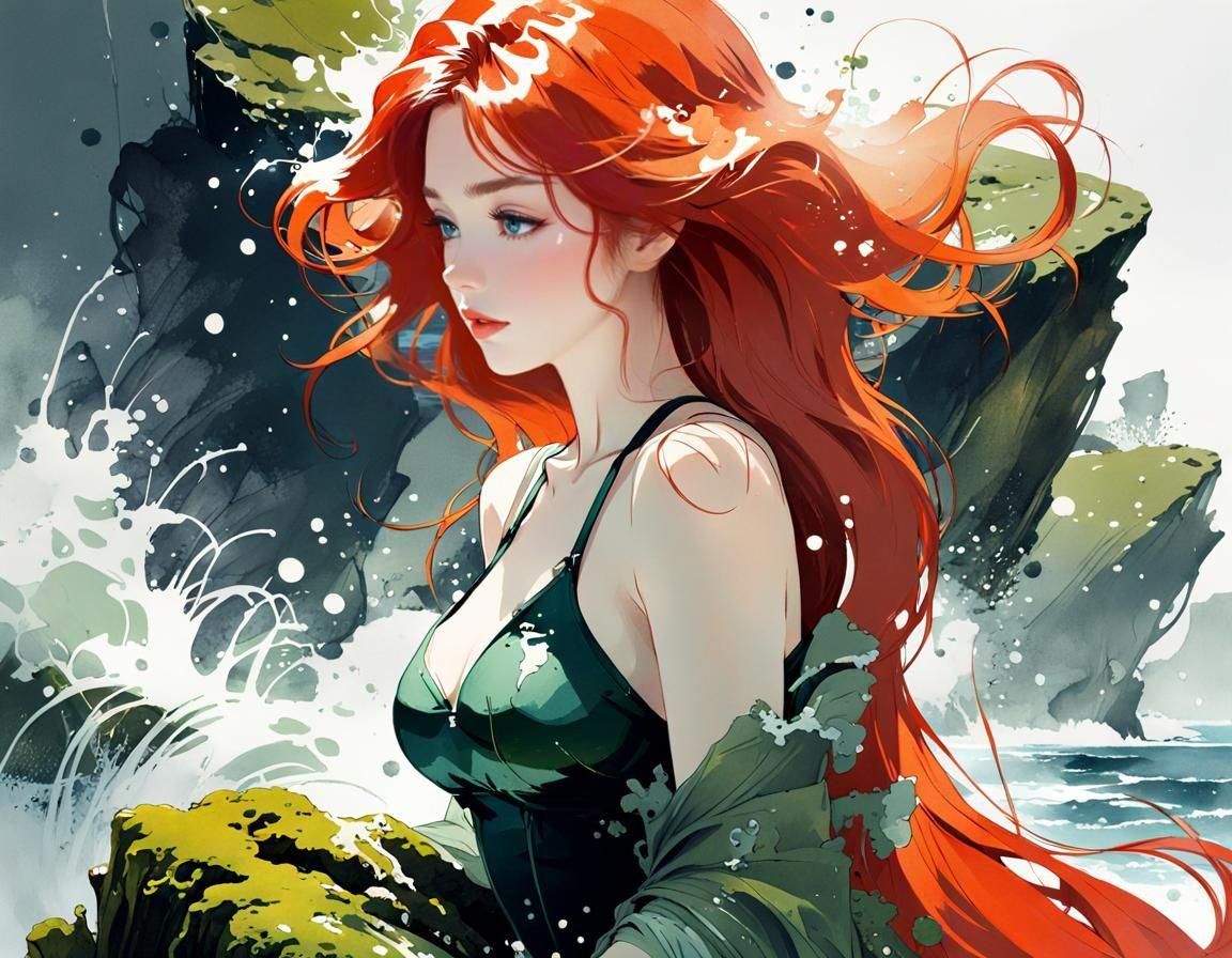 Fantasy Ariel Ink Painting in Anime Realism Style