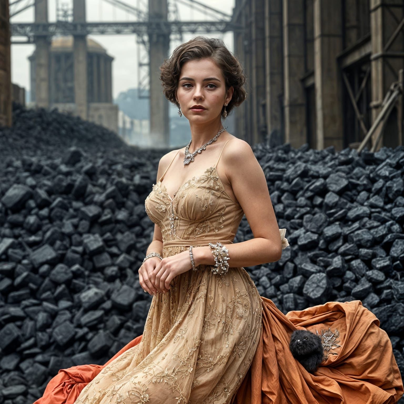 Elegant Woman in Industrial Setting, Lowbrow Art Style