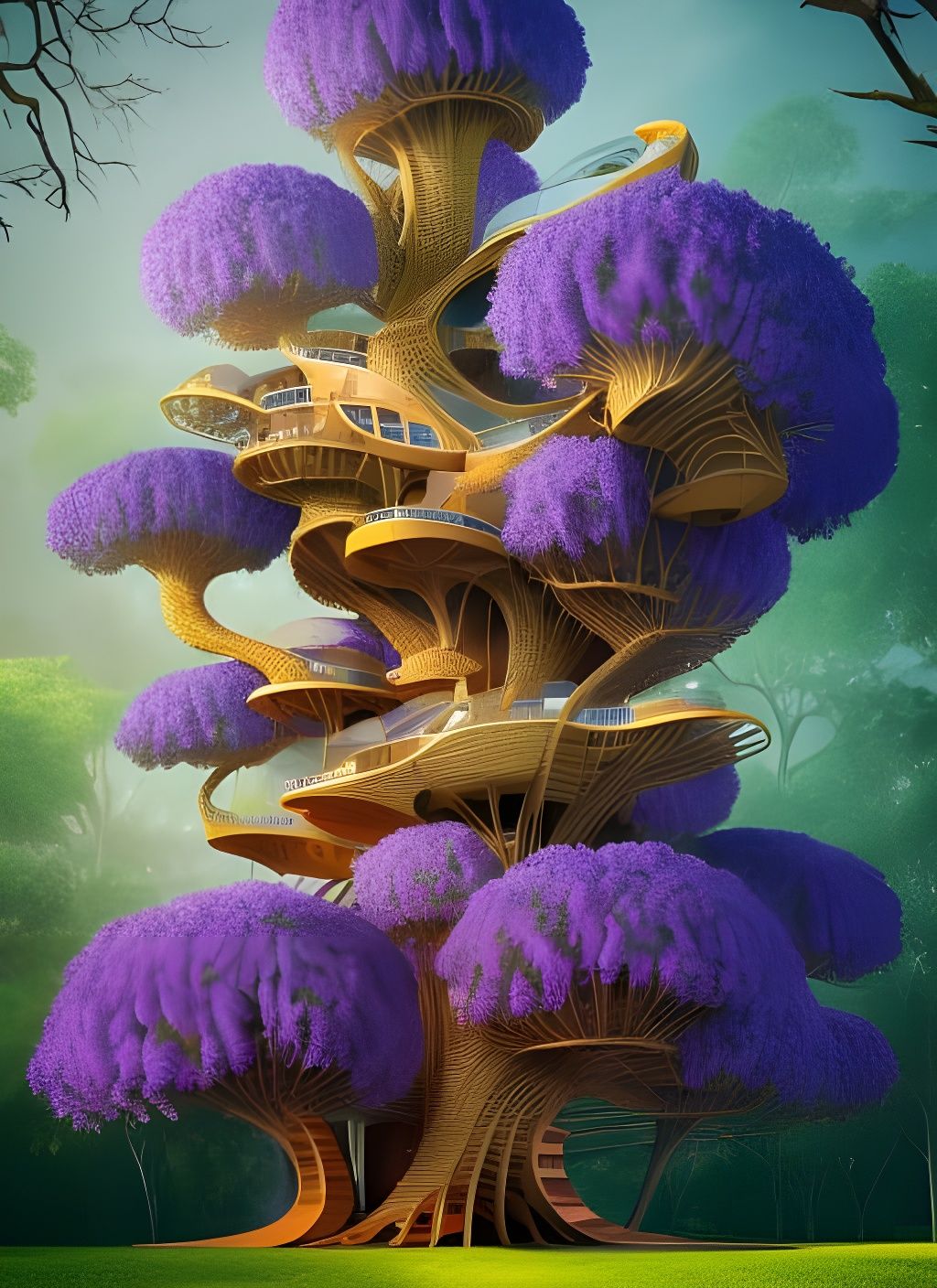 Futuristic Jacaranda Treehouse Sculpture in Digital Art
